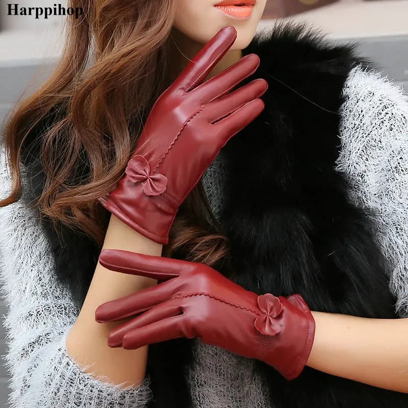 Gants femme cuir véritable rouge automne hiver - mode tendance doublure chaude anti-vent