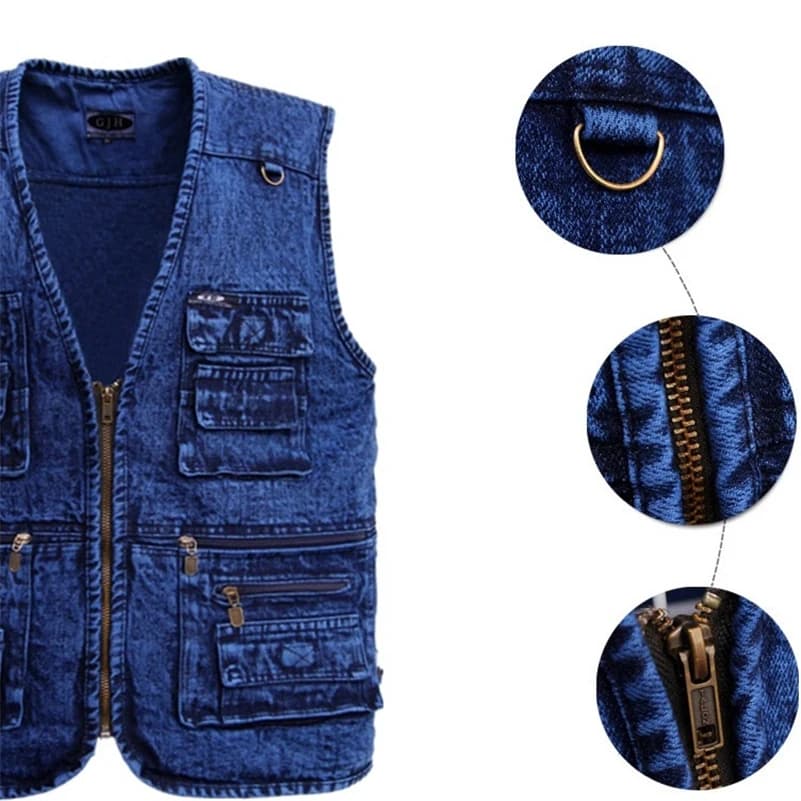 Veste sans manches homme en denim bleu foncé, taille plus XL à 5XL, multi-poches