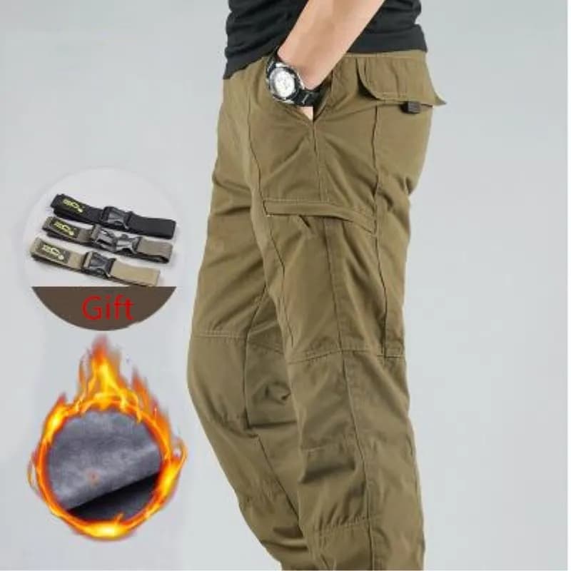 Pantalon cargo coton 2025 doublure polaire pour pêche hivernale - Multi-poches combat baggy confortable