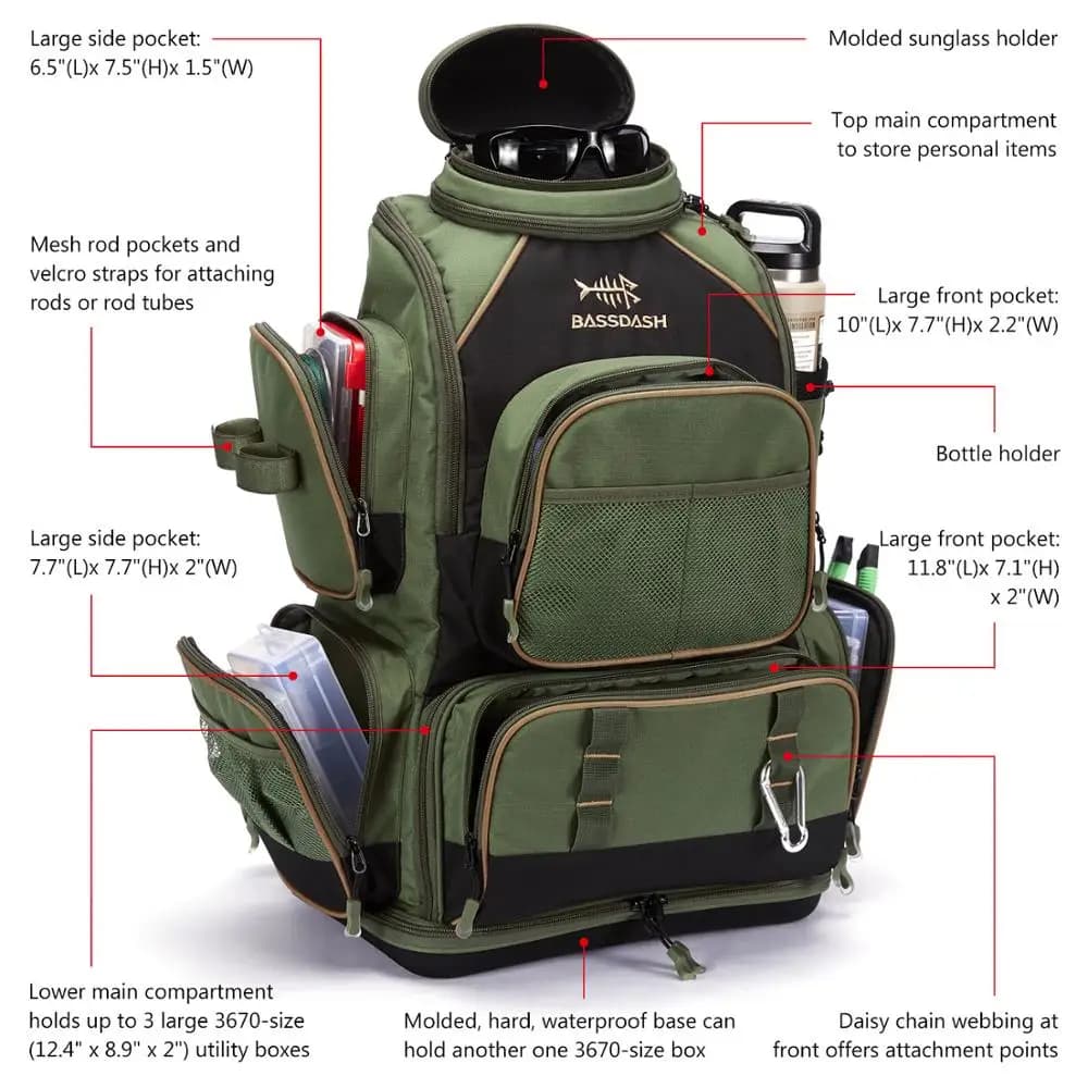 Sac à dos pêche tactique Bassdash léger - Boîte à matériel souple avec protection pluie intégrée