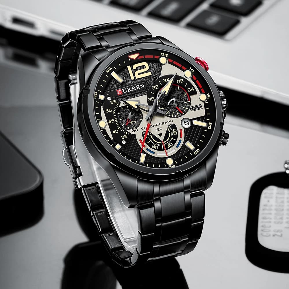 Montre homme Curren chronographe sport aiguilles lumineuses - Boîtier et bracelet acier inoxydable pour pêcheur