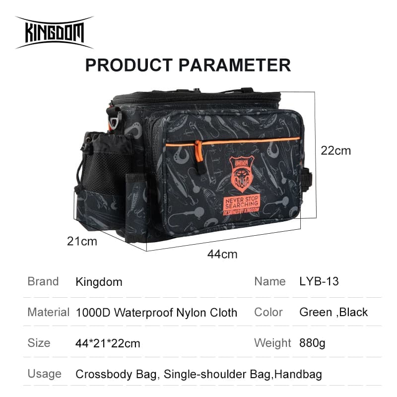 Sac pêche multifonction Kingdom 44*21*22cm nylon 1000D imperméable grande capacité sport extérieur