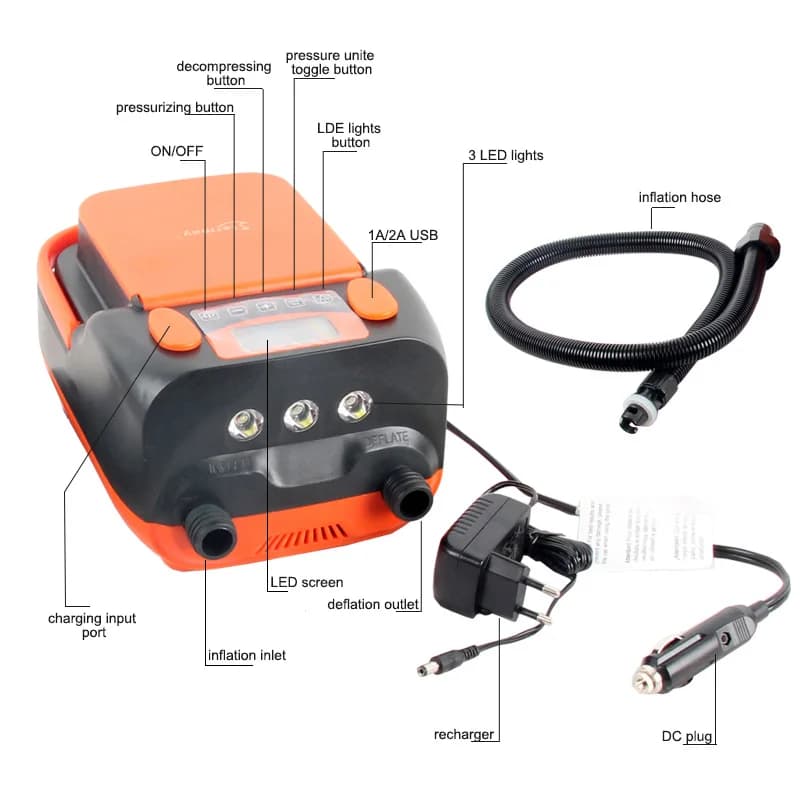 Pompe à air électrique 12V portable avec batterie intégrée pour bateau gonflable, SUP, kayak et canoë