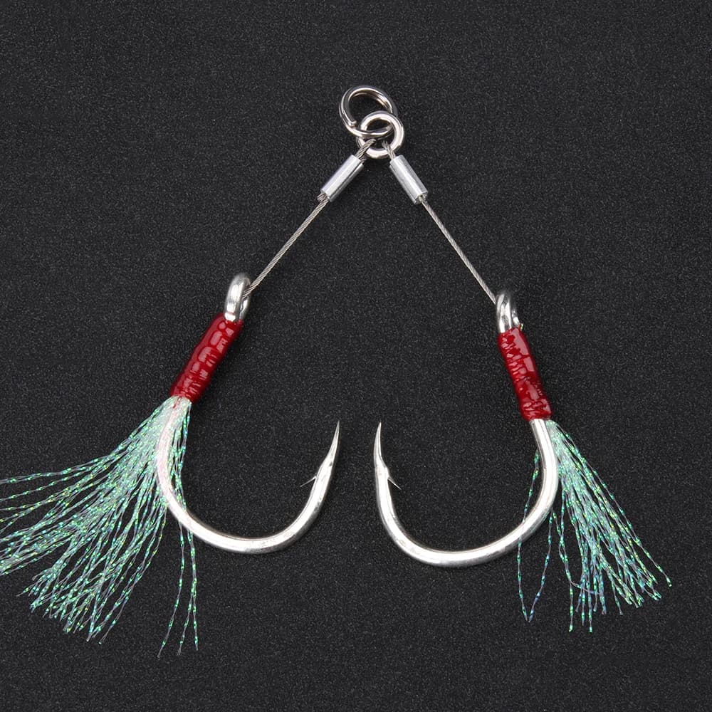 Hameçons doubles à plumes 2 paires pour jigging assisté - Tailles 1/0 à 7/0 pêche mer