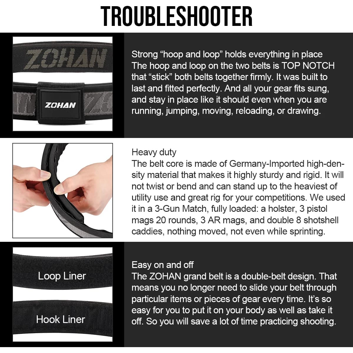 Ceinture de compétition ZOHAN 3 pièces avec boucle caoutchouc pour USPSA IPSC pêche sportive