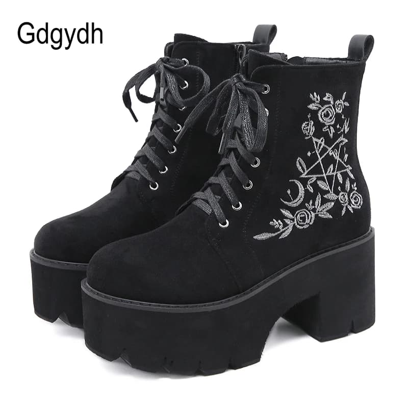 Bottes plateforme fleurs punk suédine - Chaussures gothique pêche nuit lacets qualité