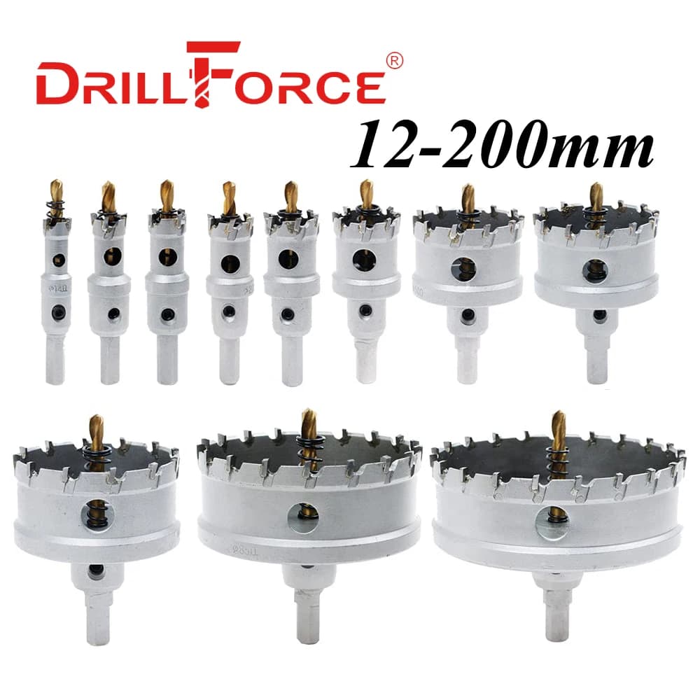 Forêts trépans Drillforce 12-200mm TCT carbure cobalt - kit coupe métal acier inox fer plaque
