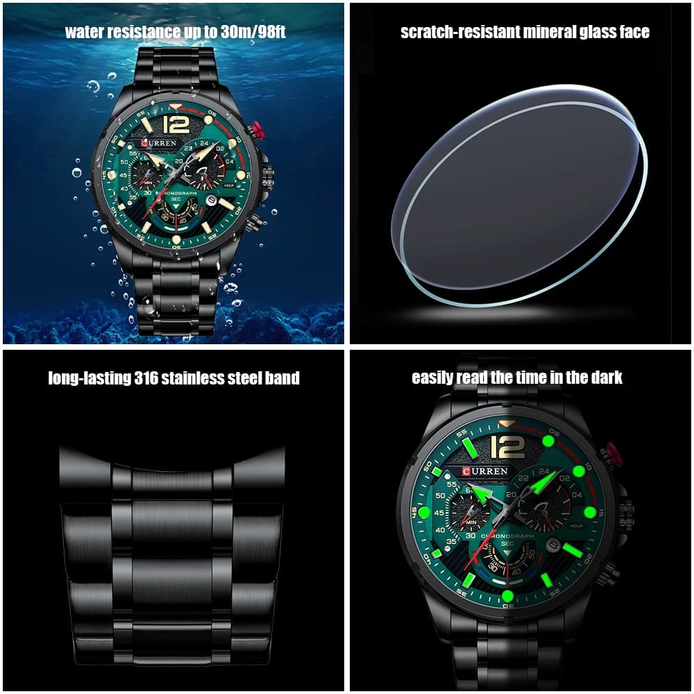 Montre homme Curren chronographe sport aiguilles lumineuses - Boîtier et bracelet acier inoxydable pour pêcheur