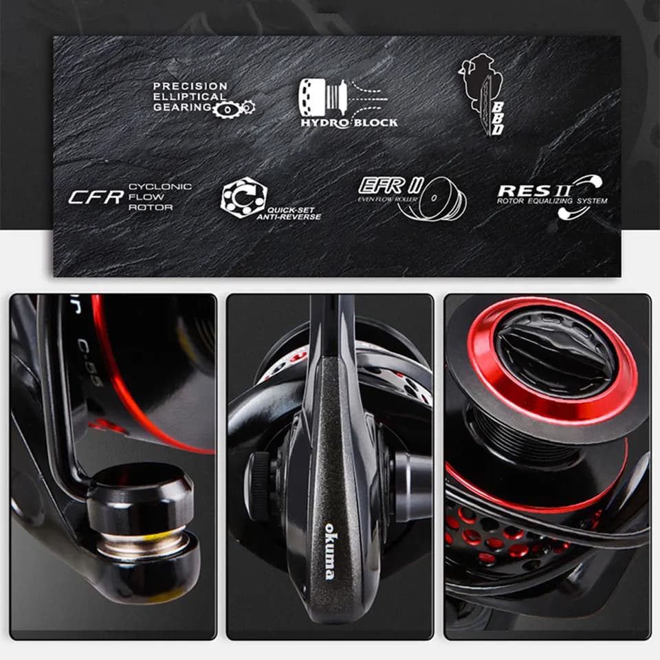 Moulinet Okuma Ceymar 7+1 roulements 15kg drague, corps graphite anti-corrosion pêche fluide