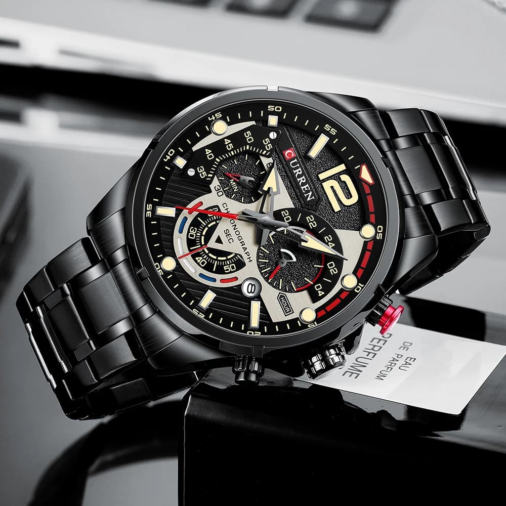 Montre homme Curren chronographe sport aiguilles lumineuses - Boîtier et bracelet acier inoxydable pour pêcheur