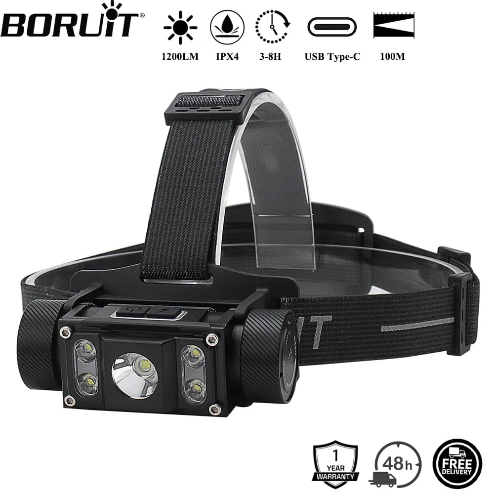 Frontale LED BORUiT B50 1200LM rechargeable TYPE-C pour pêche en mer et eau douce étanche