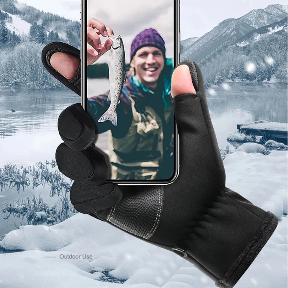 Gants pêche hiver 2 doigts flip imperméables velours chaud - protection pêche hommes femmes