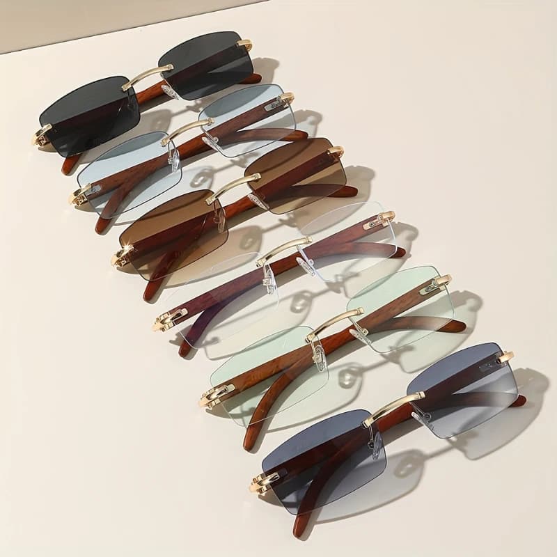 Lunettes de soleil sans monture pêche unisex 6 pièces grain bois rectangle protection UV randonnée