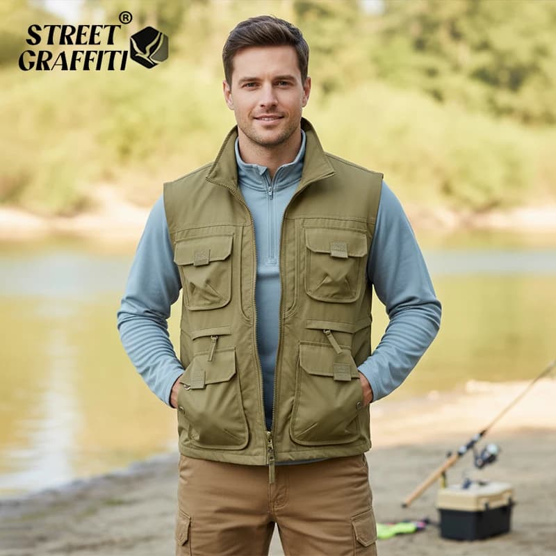 Veste de pêche grande taille homme 2025 respirante et séchage rapide avec multiples poches