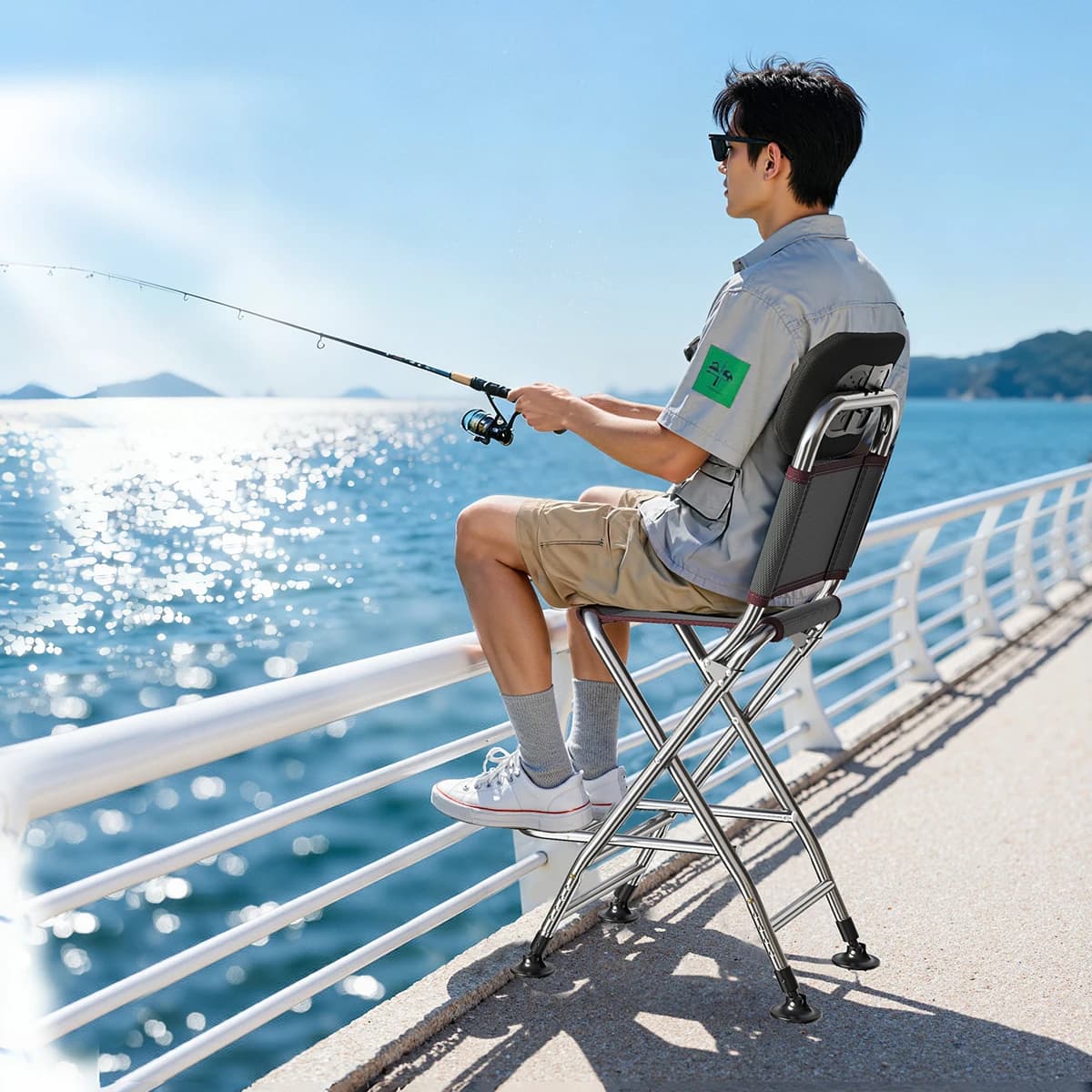 Chaise de pêche pliante outdoor - Siège portable avec dossier acier inoxydable et pieds réglables