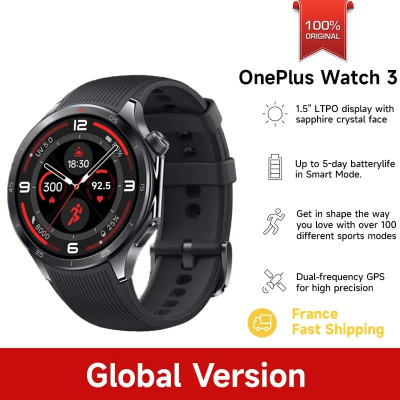 OnePlus Watch 3 - Smartwatch global Wear OS 1.5" AMOLED 32GB IP68 pour pêcheurs connectés et technophiles