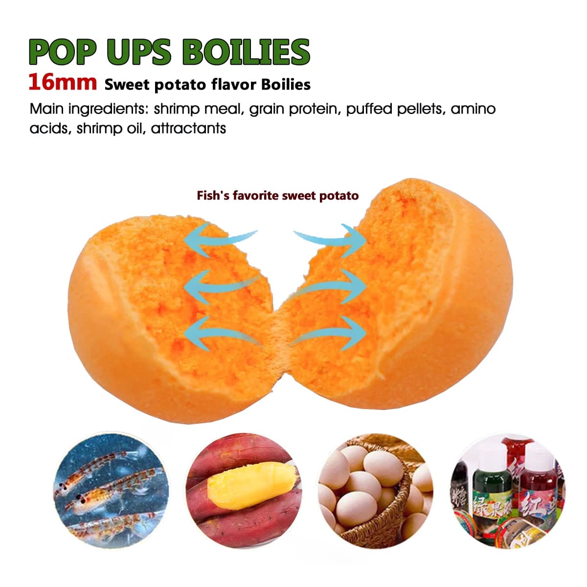 Bouillettes pop-up saveur patate douce 10-16mm - appât premium pour grosses carpes en eau libre