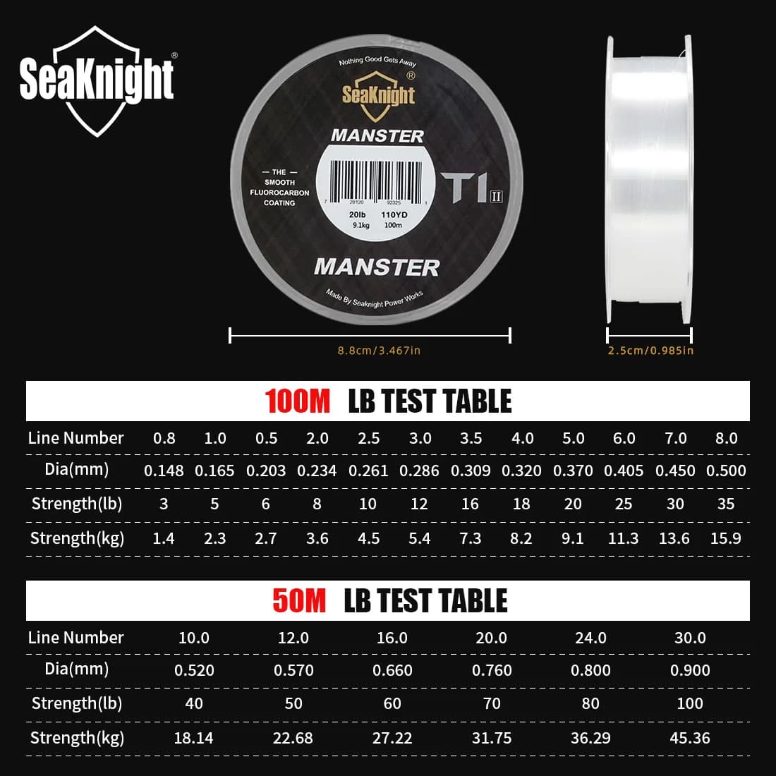 Ligne fluorocarbone coating SeaKnight T1II 50M-100M 3-100LB coulante - Monofilament haute performance