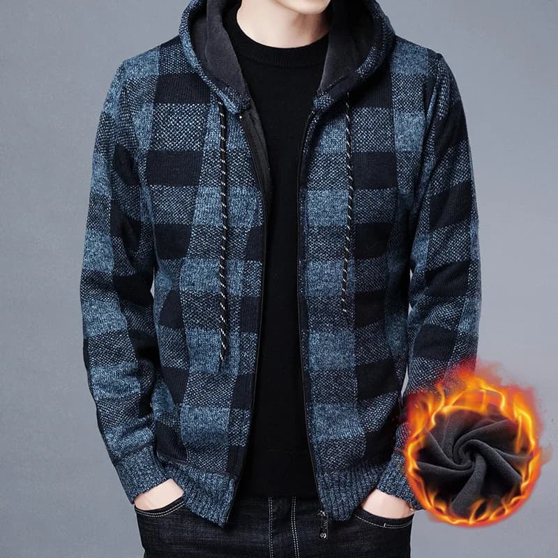Cardigan à capuche homme tricoté luxe damier pour pêche hiver veste chaude extérieure qualité