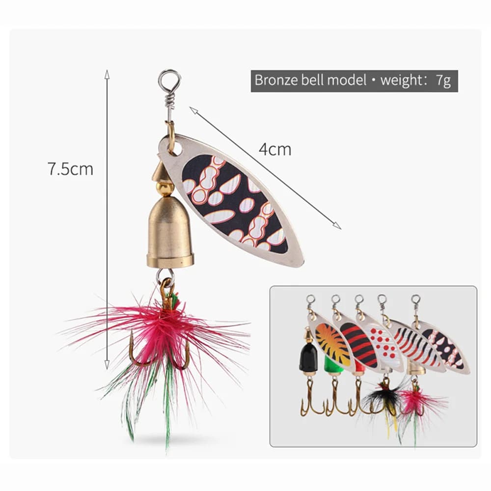 Kit de 5 leurres spinner métal dur pour truite, saumon et bass, avec boîte de rangement