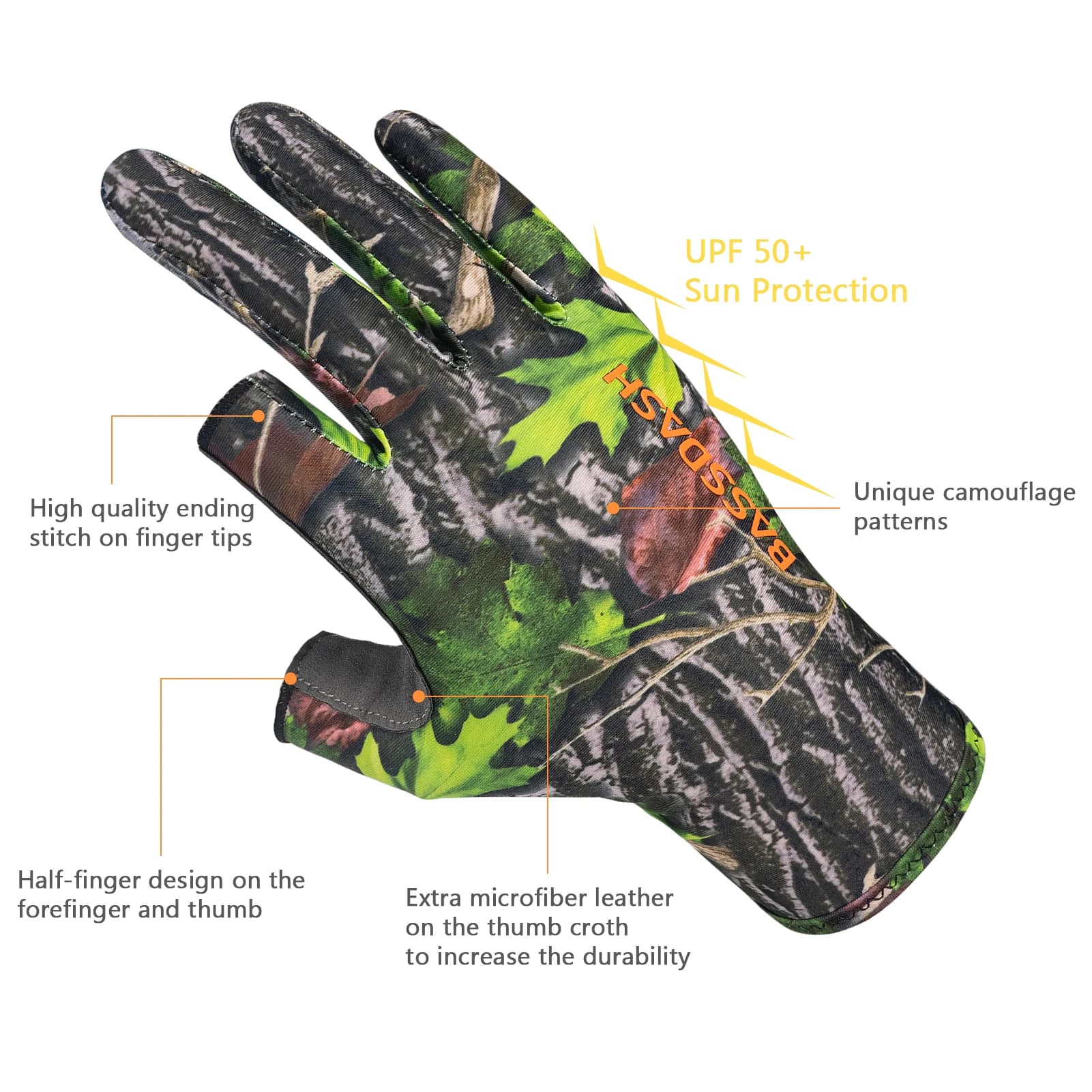 Gants camouflage sans doigts Bassdash unisex pêche chasse UPF 50+ temps chaud saison précoce