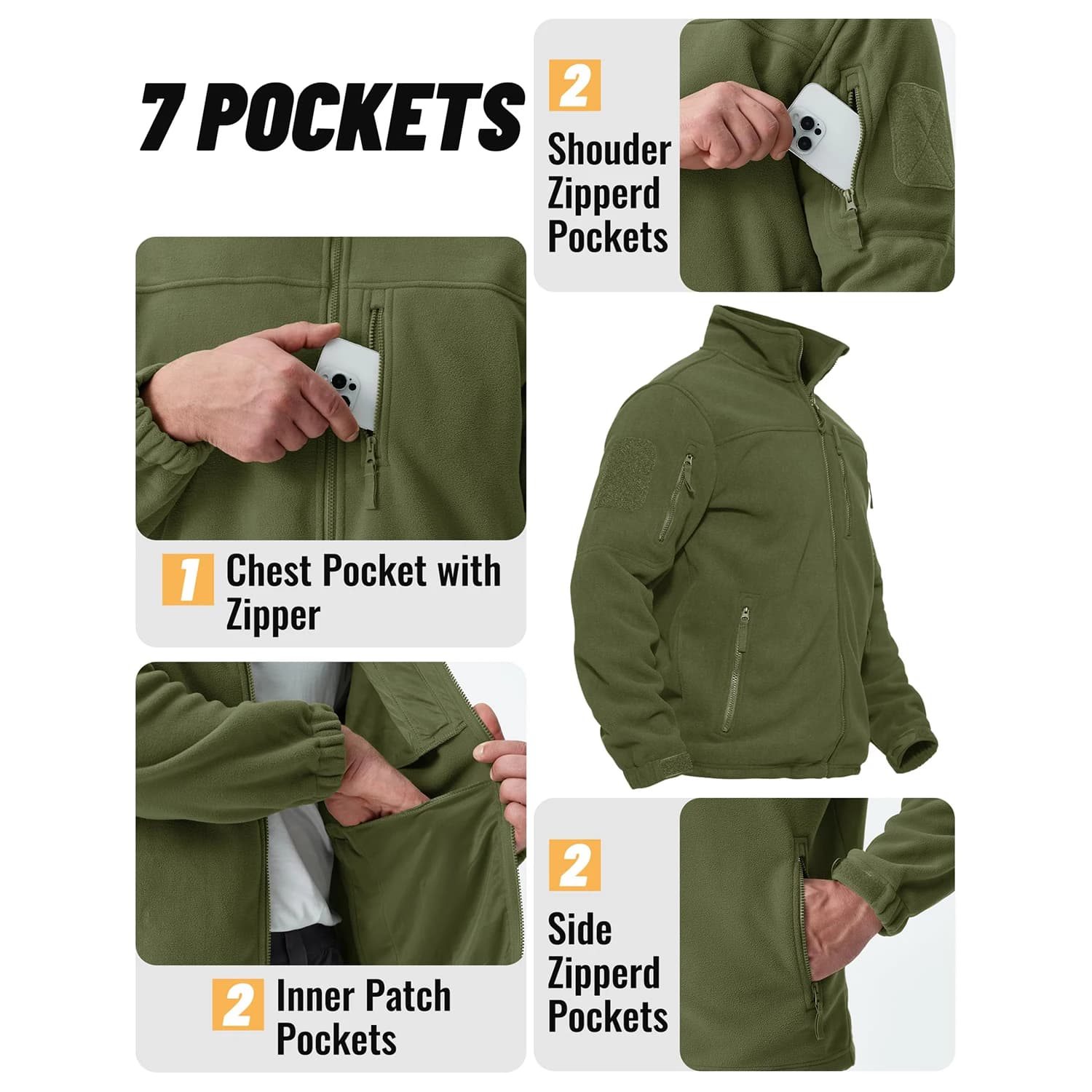 Veste polaire TACVASEN verte chaude travail pêche avec fermeture complète et poches zippées