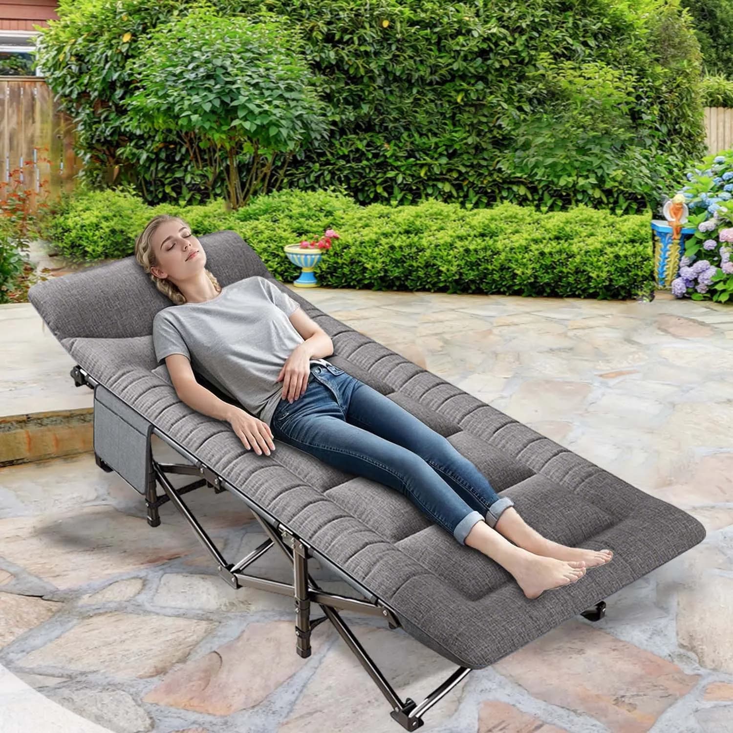 Lit de camp pliant zollor 200kg portable avec oreiller intégré pour jardin bureau et extérieur