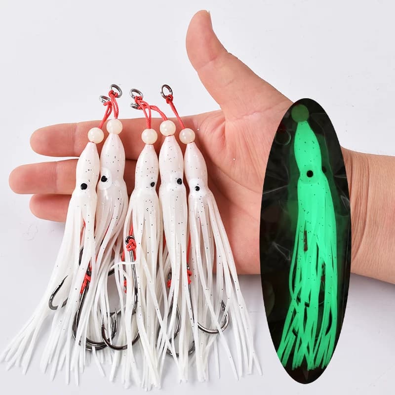 Leurres souples calmar 12cm pour pêche en mer - Skirt en gel de silicone avec tentacules et hameçons doubles assistés