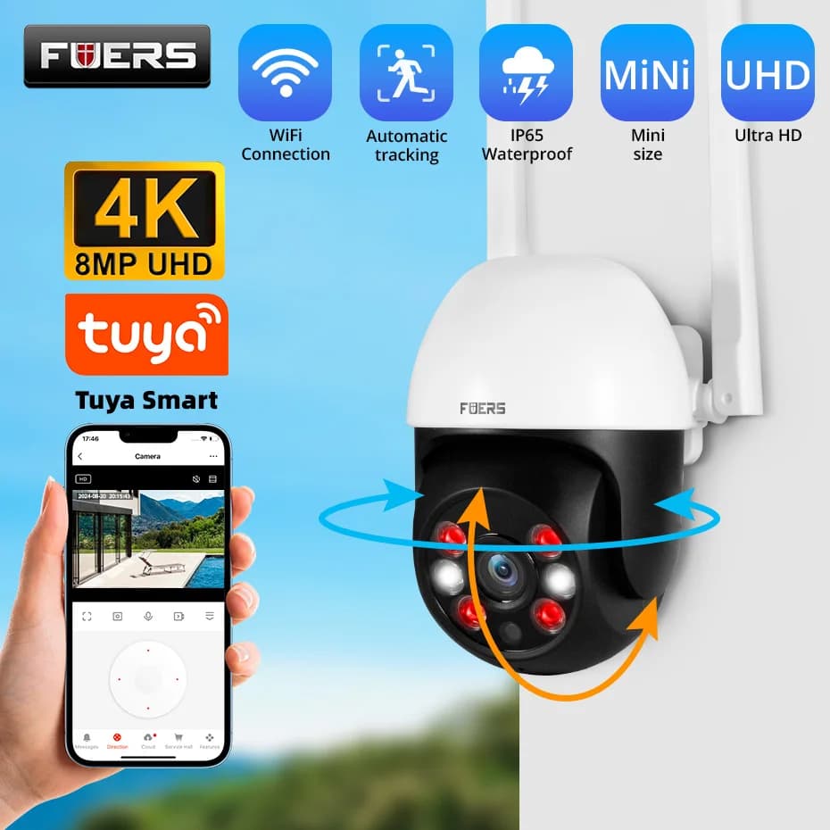 Caméra de sécurité extérieure IP 8MP 4K Fuers avec détection IA humaine et suivi automatique pour maison