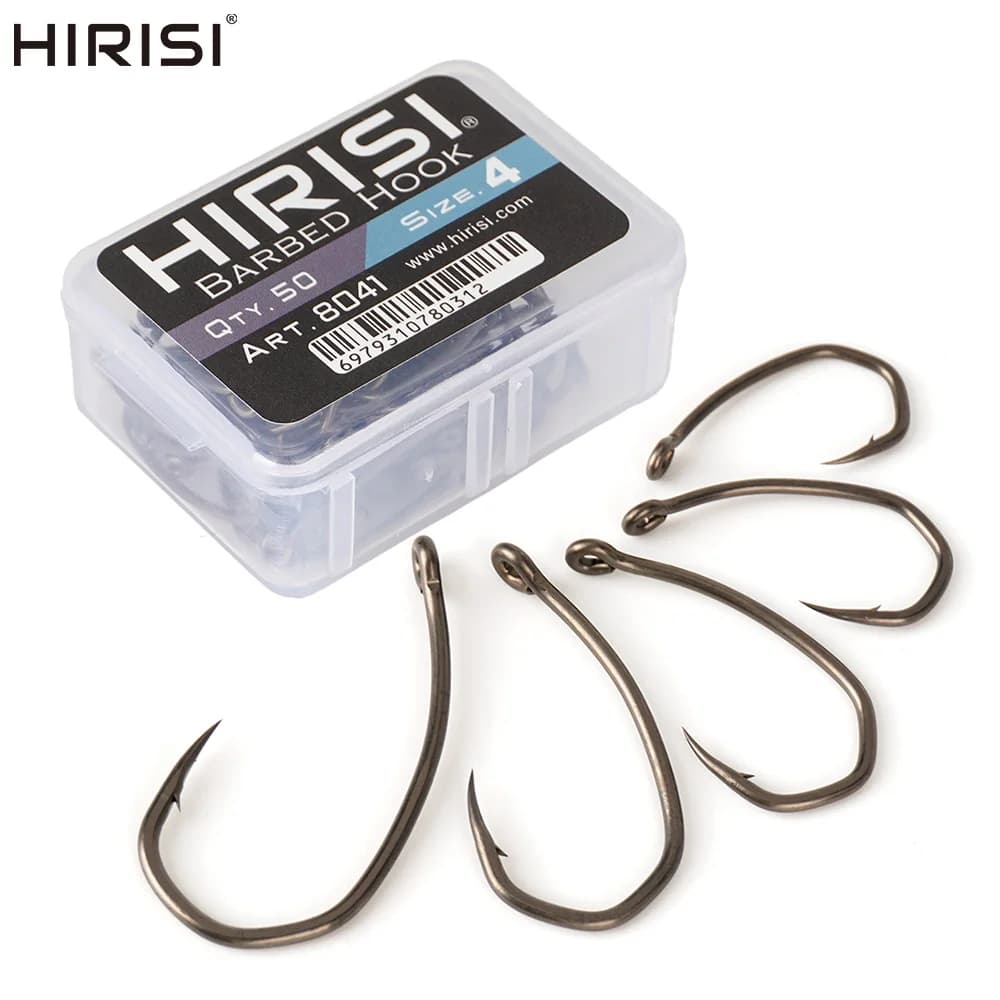 Hameçon de pêche Hirisi 8041, 50 pièces en acier inoxydable carbone anti-rouille, point acéré et hampe à boucle