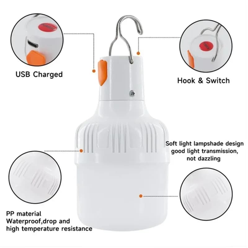 Lampe LED rechargeable USB 60W portable pour camping, pêche de nuit et éclairage d'urgence LT014