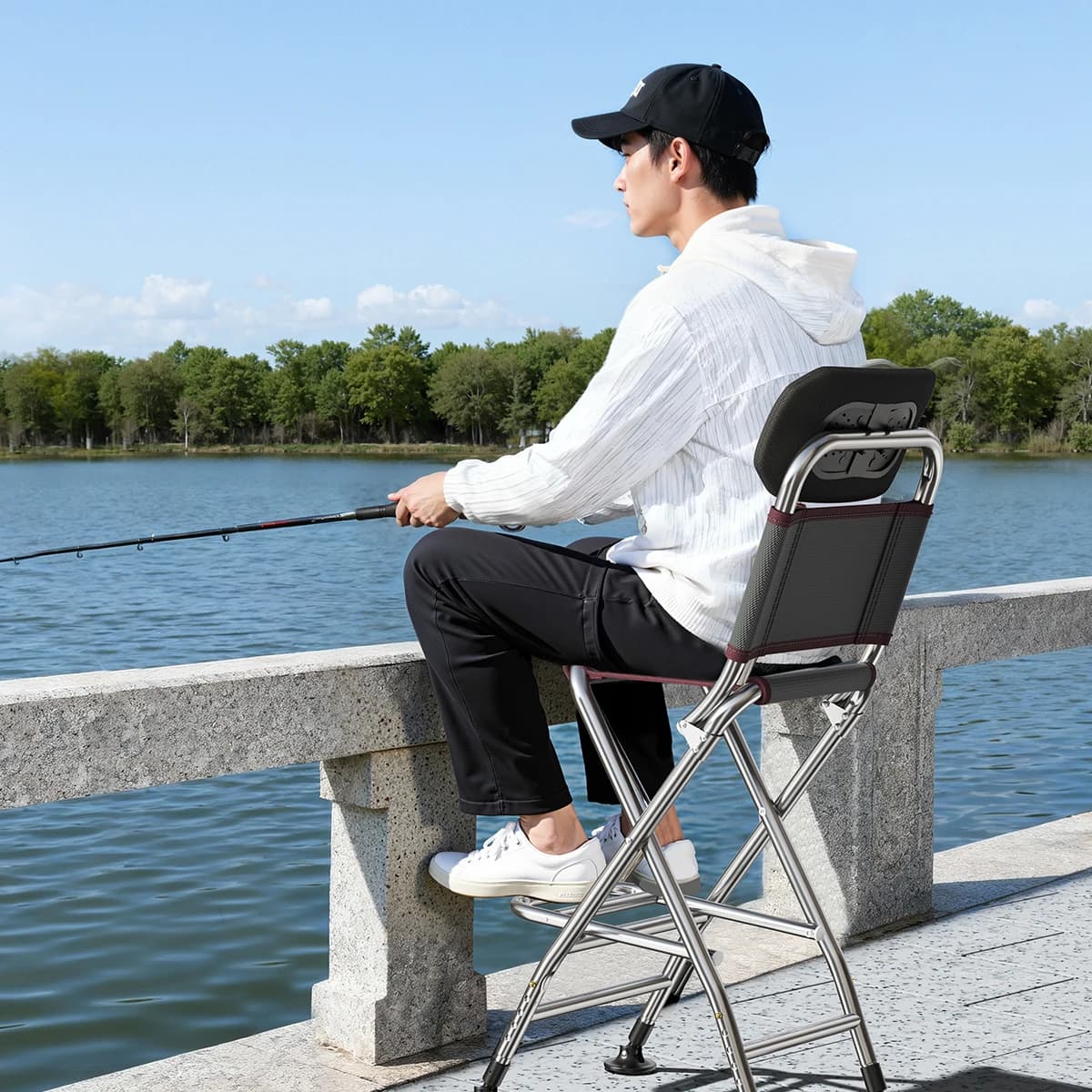 Chaise de pêche pliante outdoor - Siège portable avec dossier acier inoxydable et pieds réglables