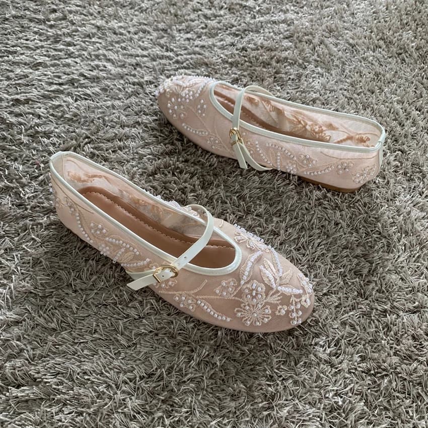 Ballerines femme avec broderie perles - Design mesh, boucle Mary Jane, talon bas, sandales plates confortables