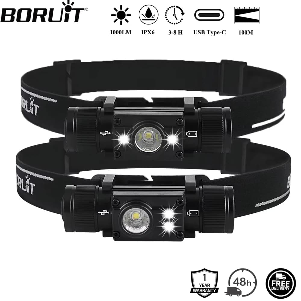 BORUiT HP300/HP500 lampe frontale LED 7 modes 1000LM USB-C pêche chasse camping