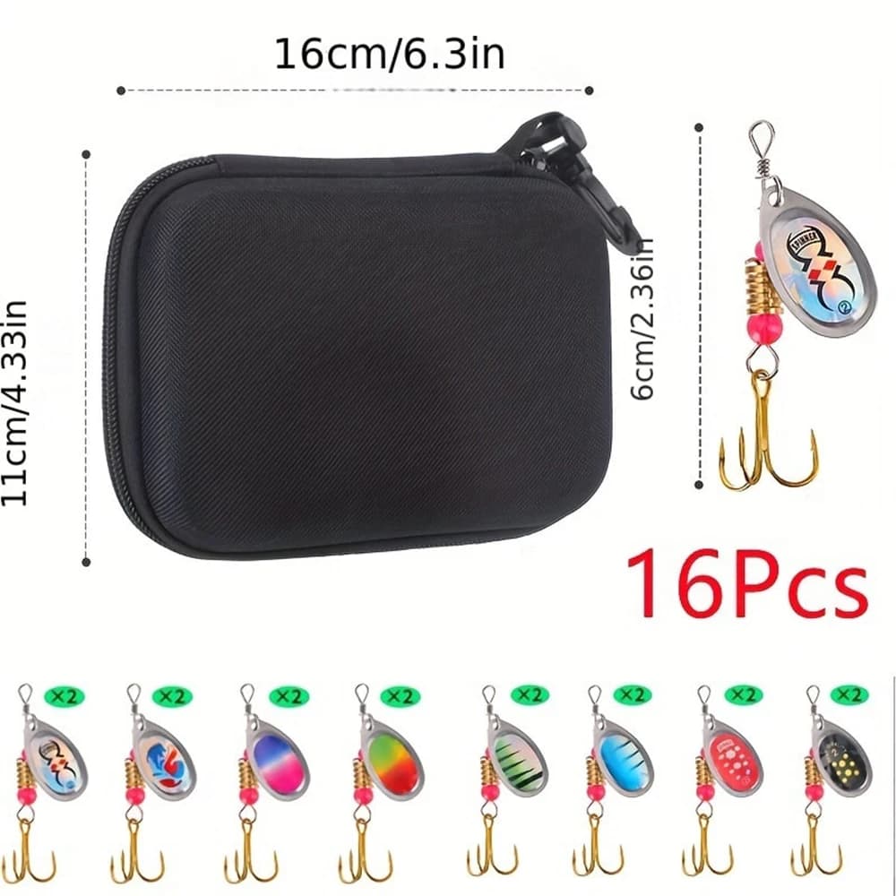 Leurre spinner métal 16 pièces pour brochet truite et perche, avec sac de pêche inclus
