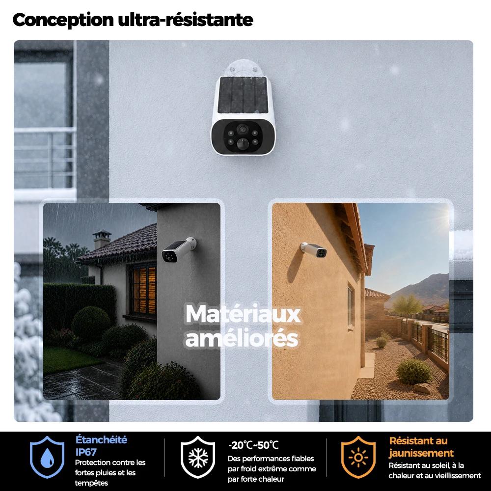 Caméra de sécurité solaire WiFi extérieur Alevio 2.5K, vision nocturne couleur, détection PIR et AI pour surveillance étang
