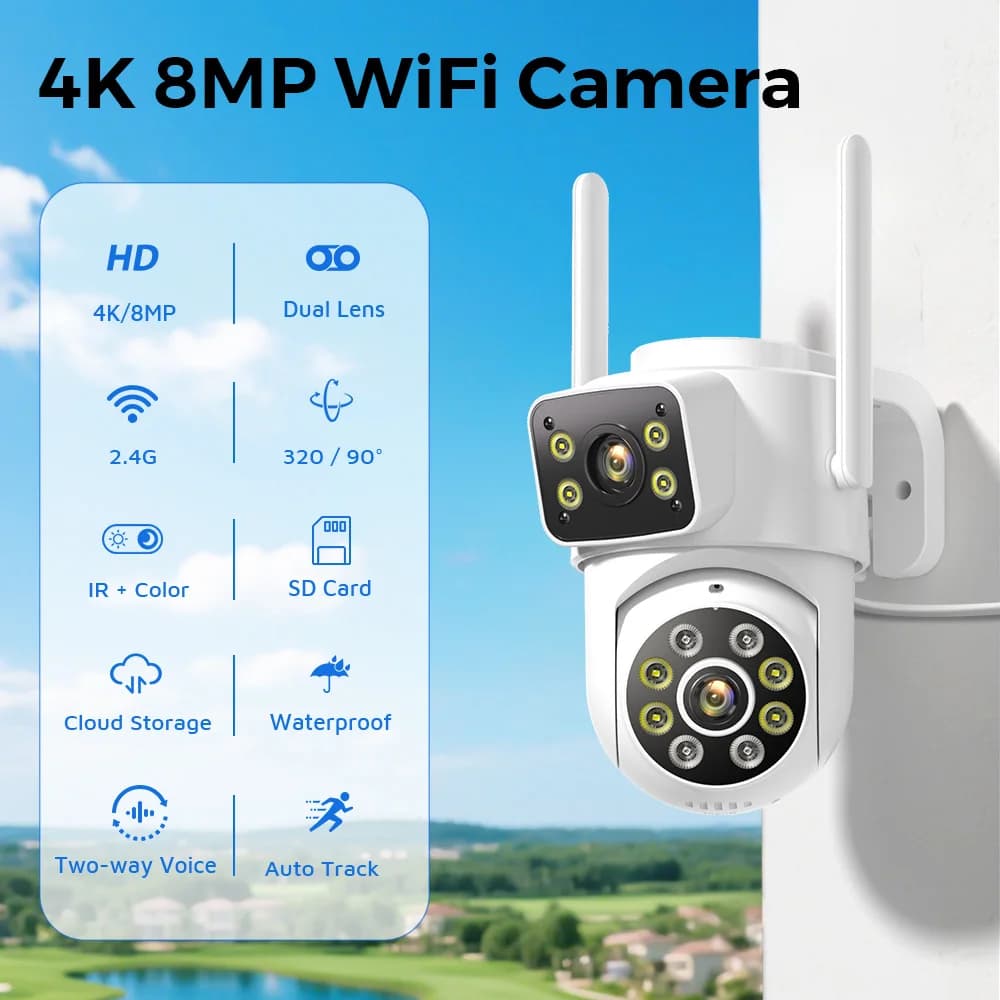 Caméra PTZ extérieure 4K 8MP double objectif tracking IA surveillance audio vidéo pêche
