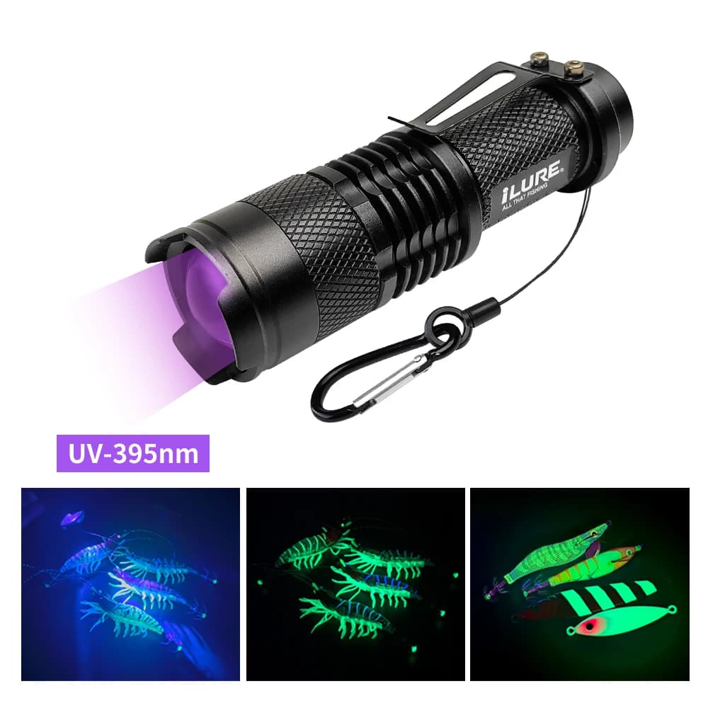 Lampe UV torche LED 395nm pour pêche leurres et calamars - éclairage zoomable et portable