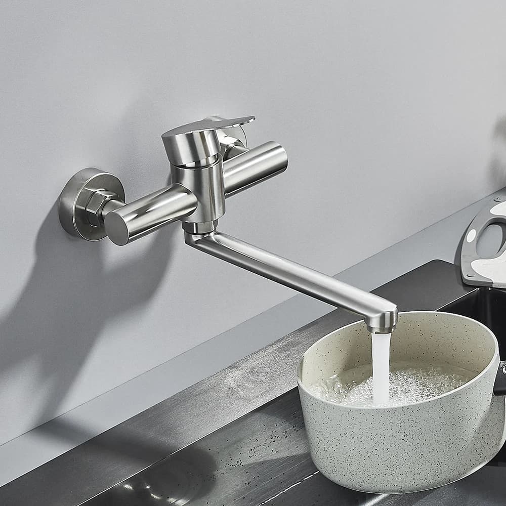Robinet de cuisine mural noir 360° rotation bec unique mitigeur nickel brossé eau chaude froide pêche