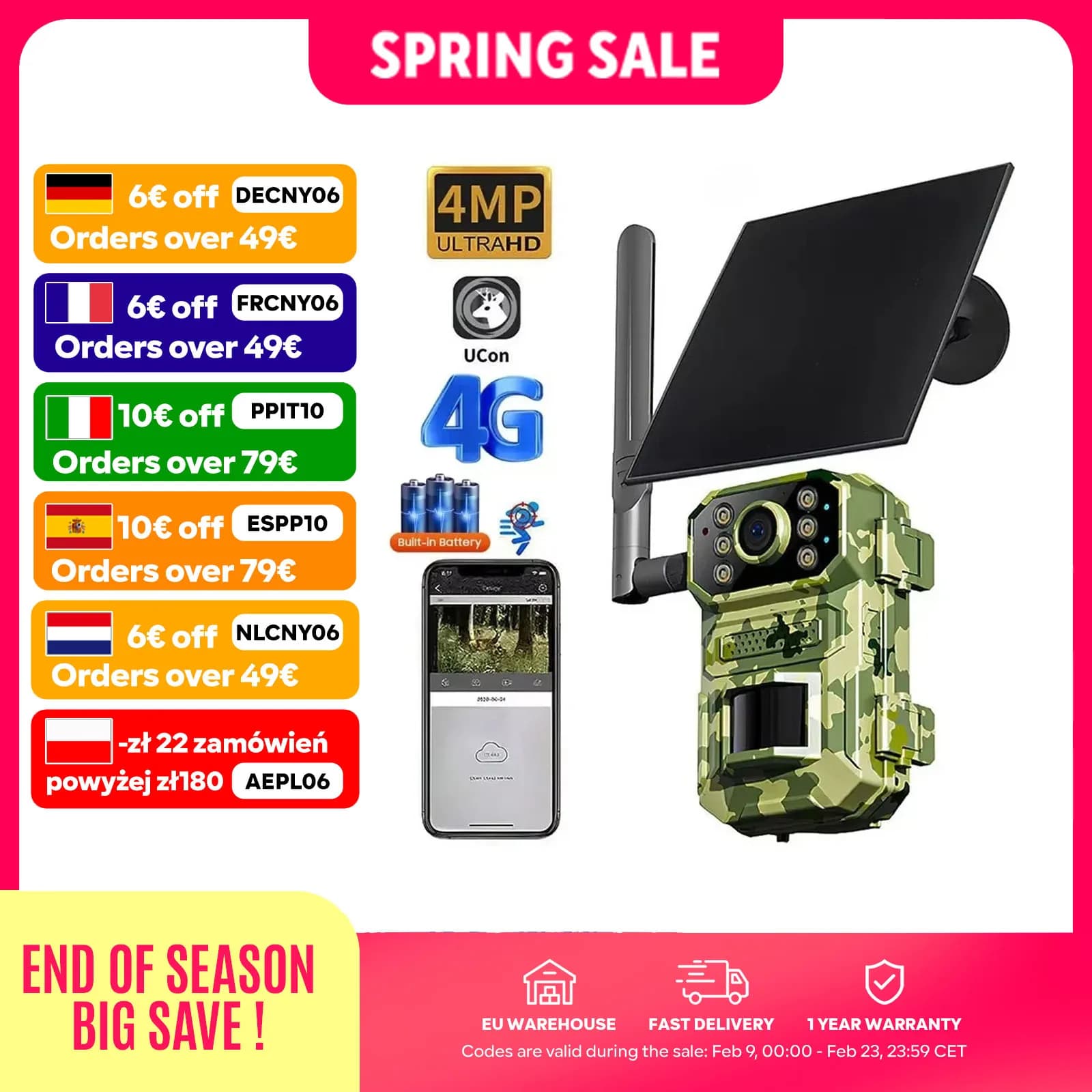 Caméra de chasse solaire 4MP 4G avec carte SIM - Détection PIR et vision nocturne infrarouge