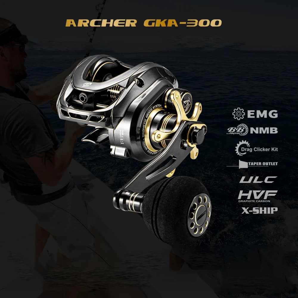 Moulinet de pêche en mer baitcasting Soloking GKA300, frein 9.5kg, rapport 6.4:1 et pignon laiton