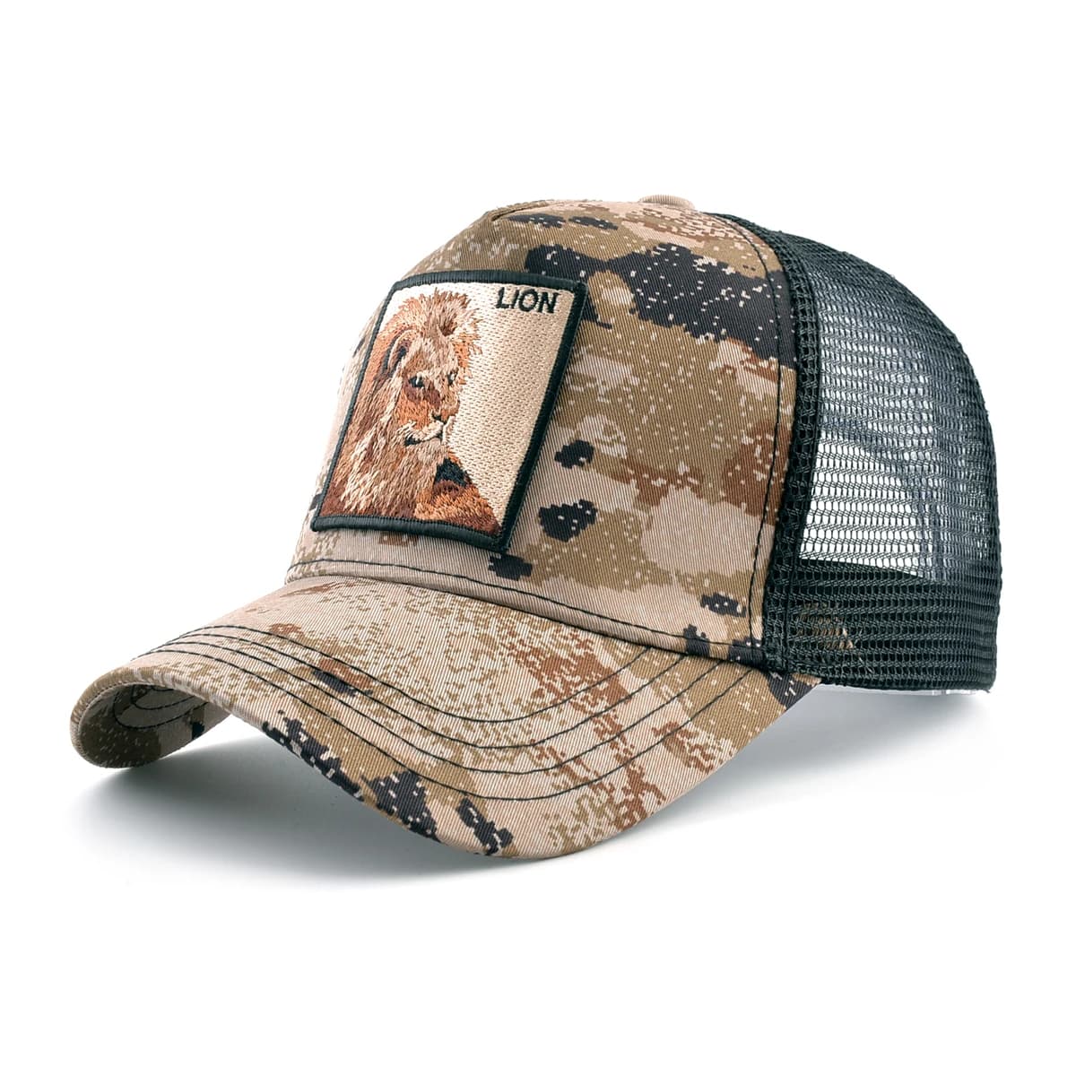 Camouflage Trucker Cap With Embroidery Lion Patch Snapback Baseball Cap For Men