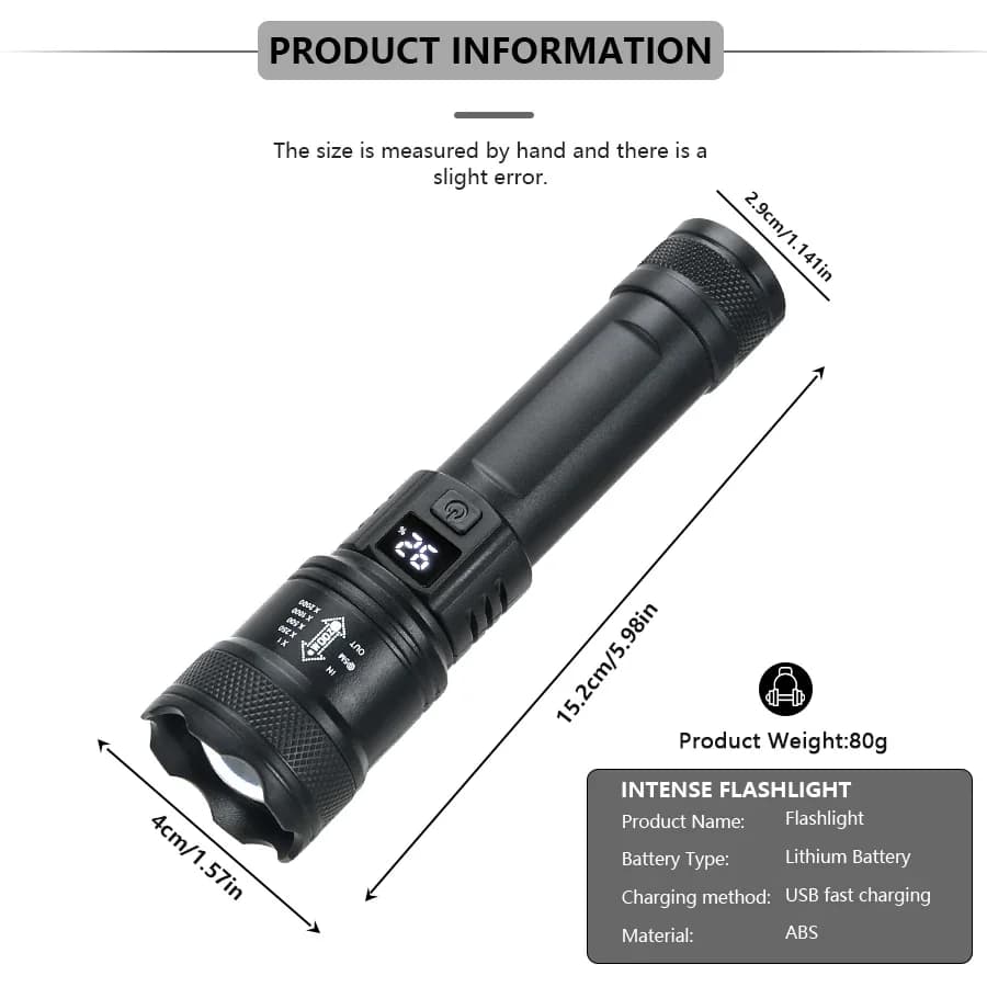 Lampe torche tactique LED 2000LM rechargeable USB - Projecteur zoom pêche camping urgence