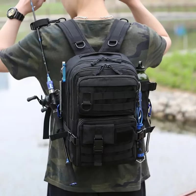 Grand sac à dos tactique pour matériel de pêche avec porte-canne et porte-gourde poches multiples pêcheurs