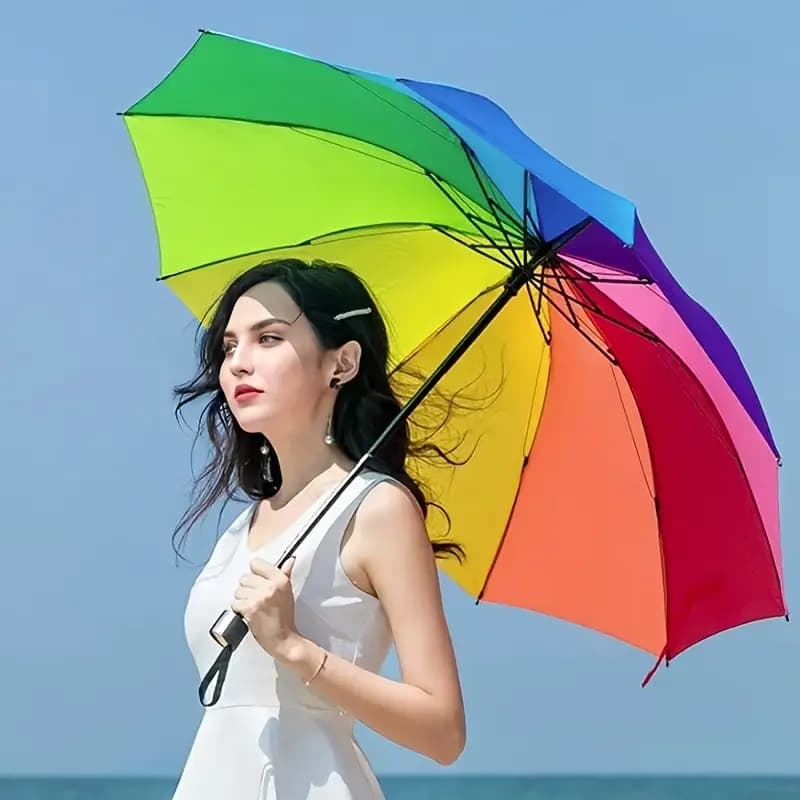 Parapluie portable 3 plis arc-en-ciel : design pliable manche court, protection style pêche pratique