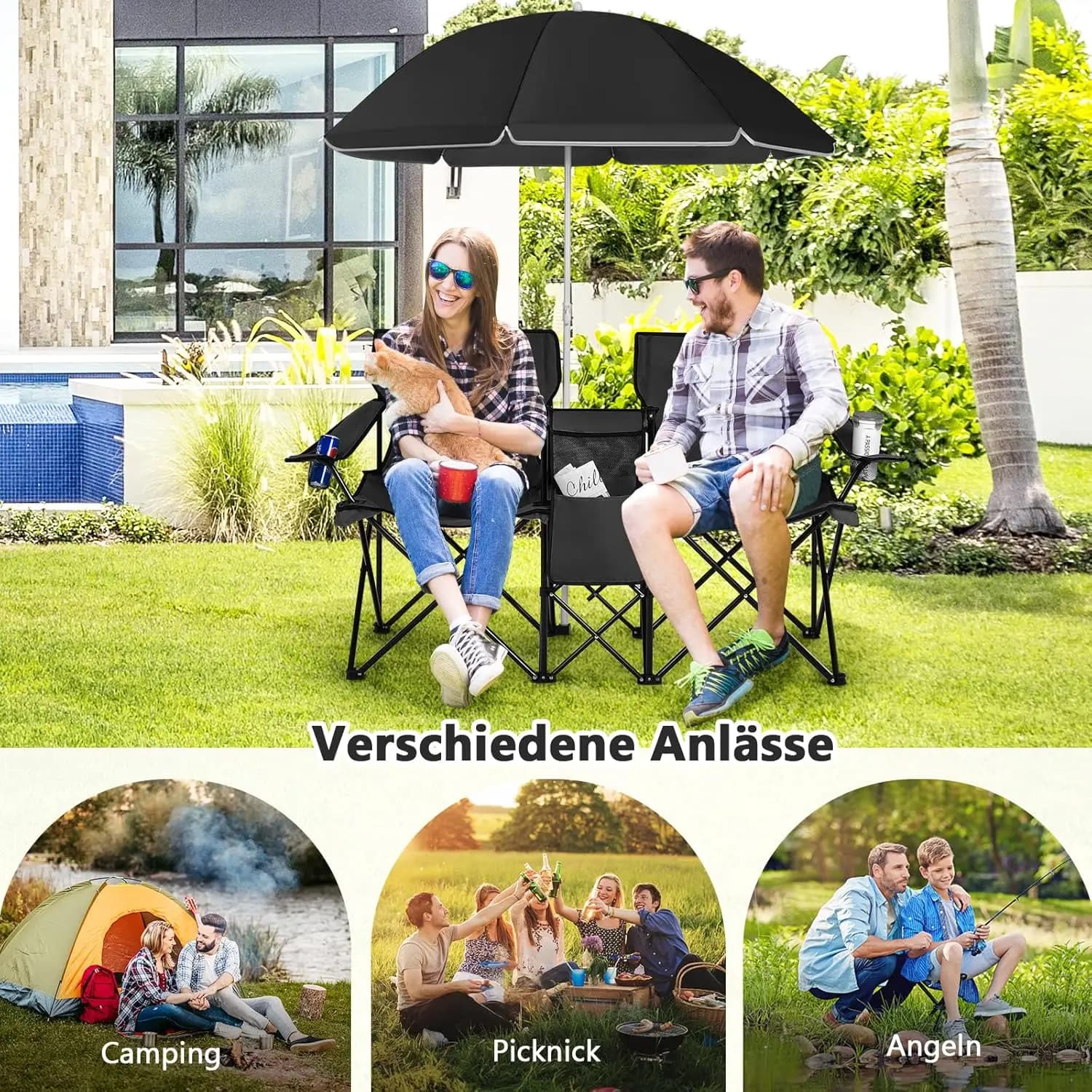 Fauteuil camping 2 places avec parasol porte-gobelet pêche pliant sac transport pique-nique
