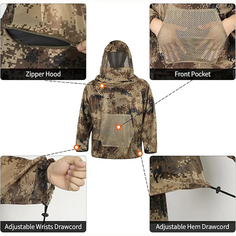 Combinaison anti-moustiques à capuche pour pêche en zone humide et chasse