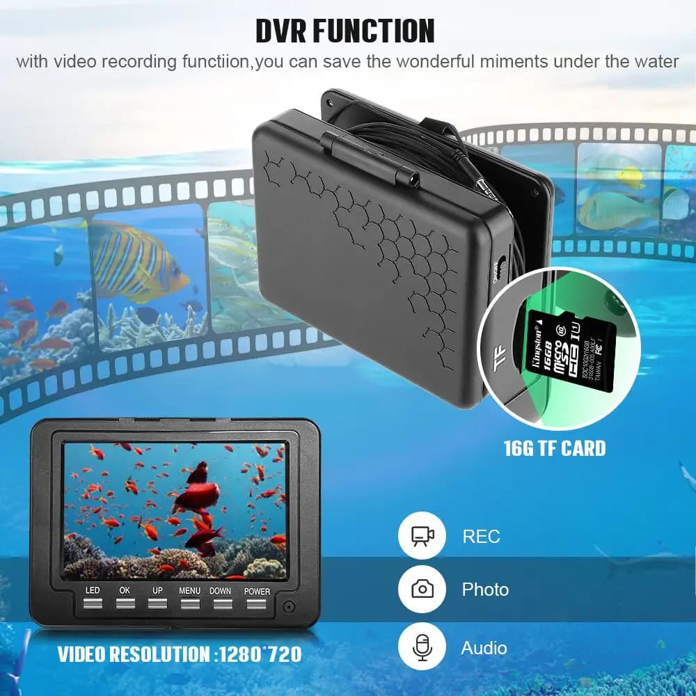 Caméra pêche sous glace 5 pouces DVR AHD 1080P 12 LEDs IR avec carte 16GB pour enregistrement vidéo