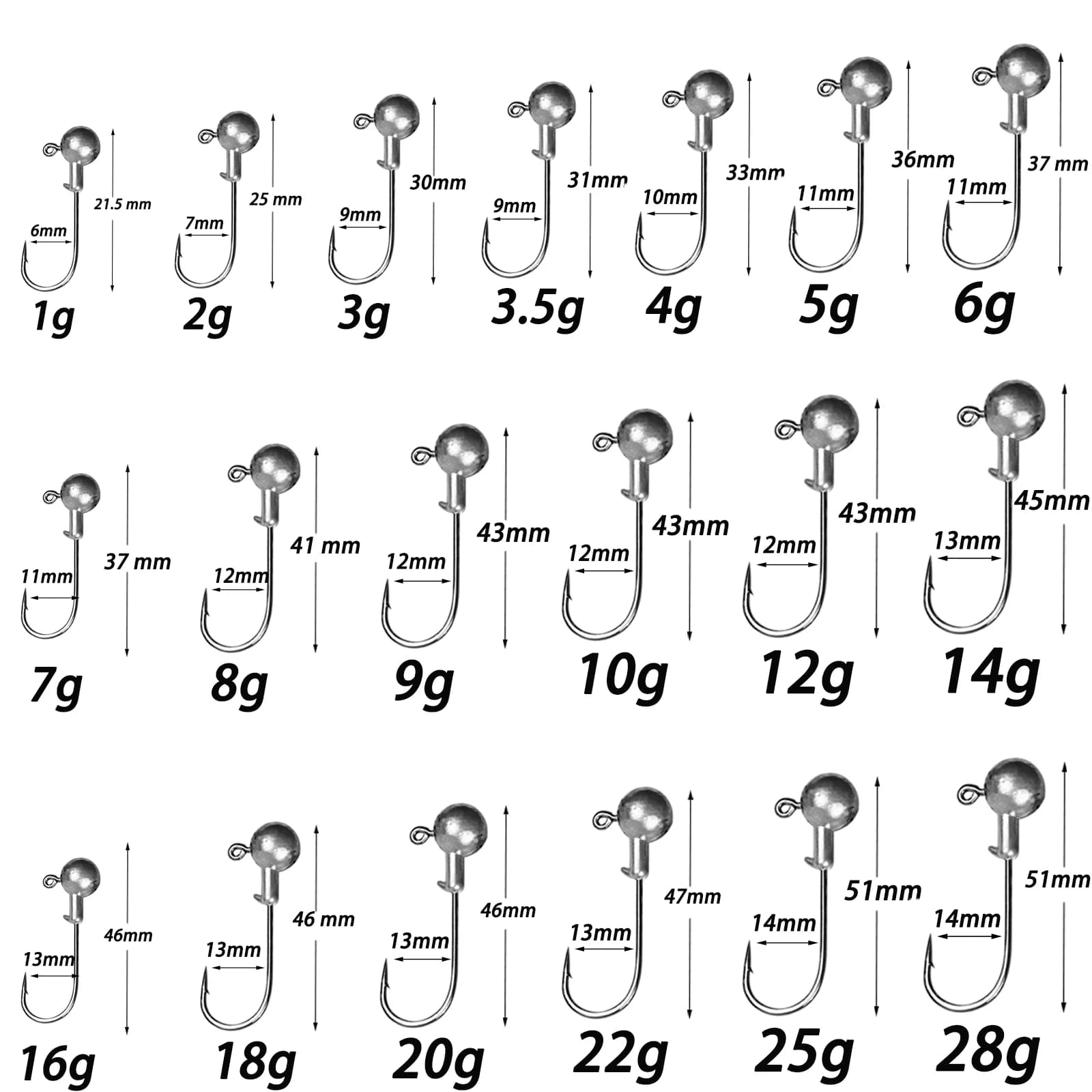 Têtes de jig plombées métal 1g à 28g pour leurres souples, hameçon à ardillon pour pêche