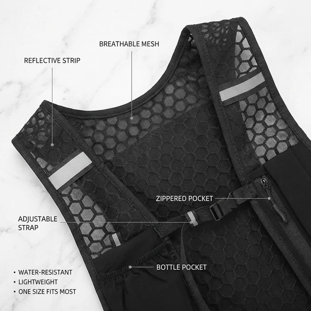 Veste de course légère hydratation avec poche à eau et rangement téléphone réfléchissante pour la pêche